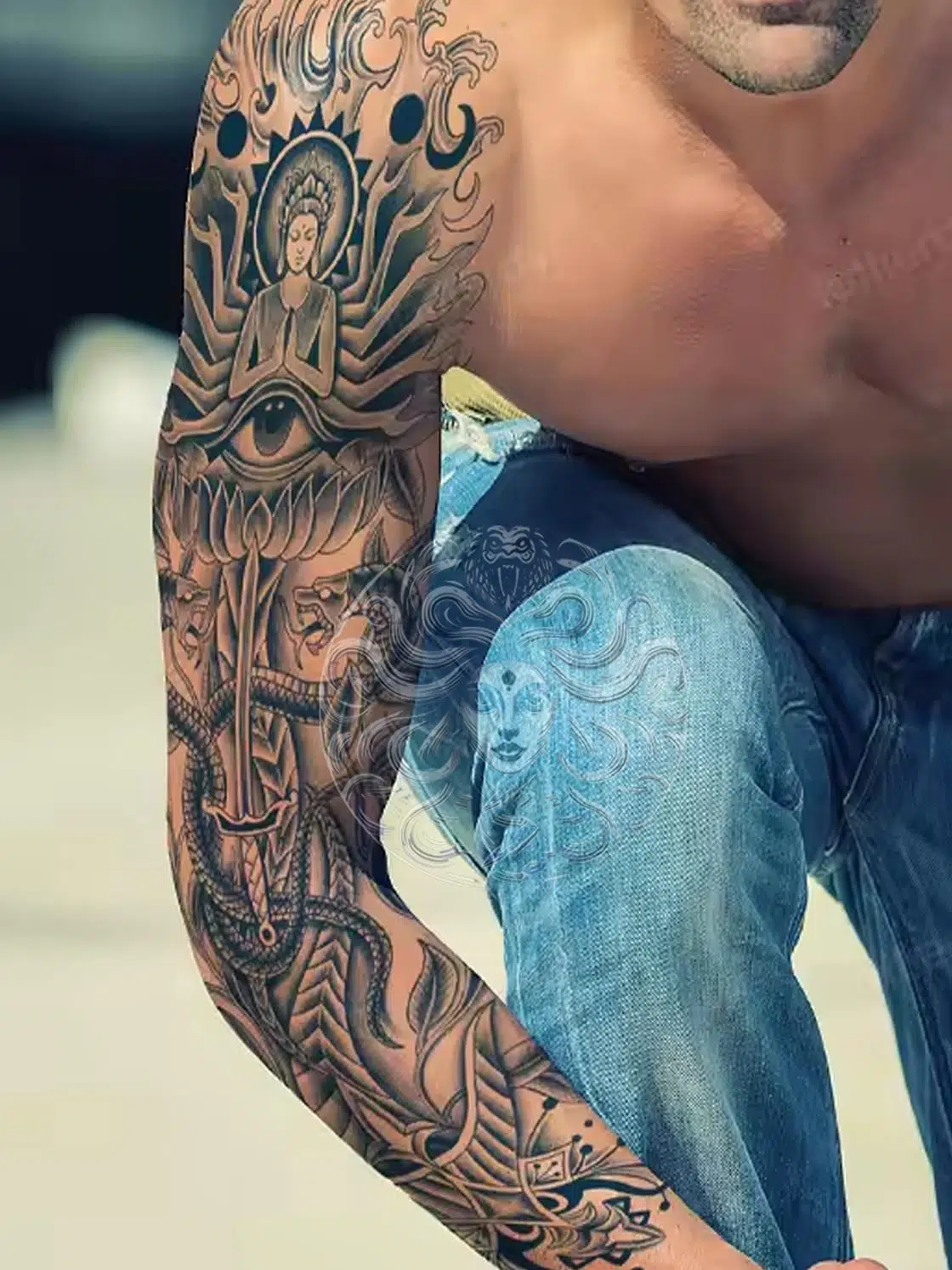 GZQB-039 YARI KALICI BUDHA VE YILAN DESEN KOL DÖVMESİ-TATTO